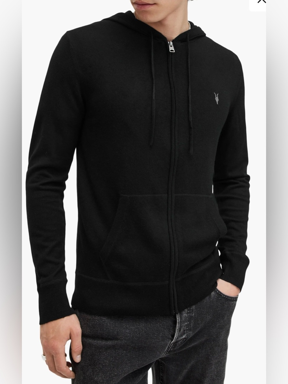 All Saints Navy Zip-Up Merino Wool Hooded Sweater Size M